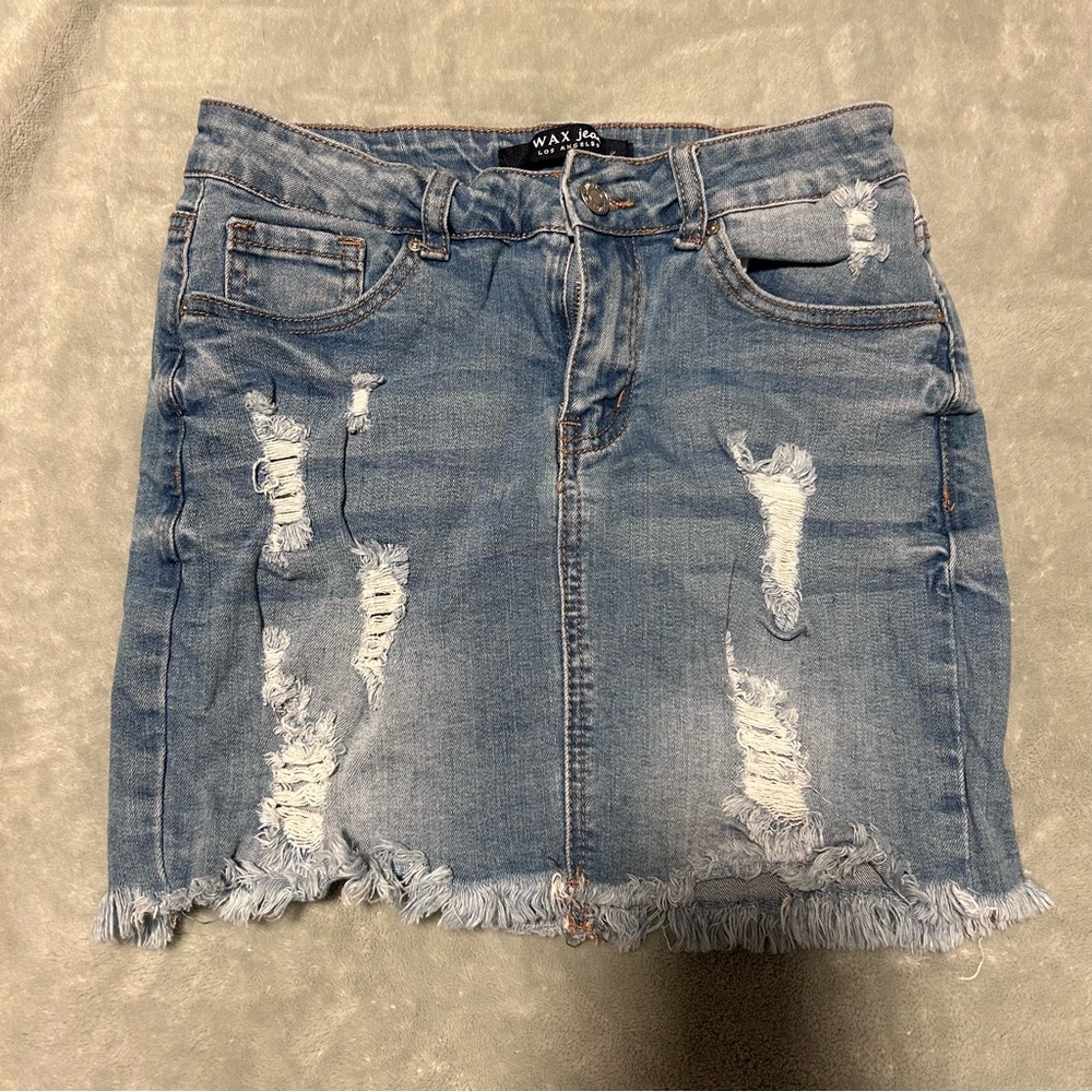 Size small Wax Jean Distressed Blue Denim Skirt